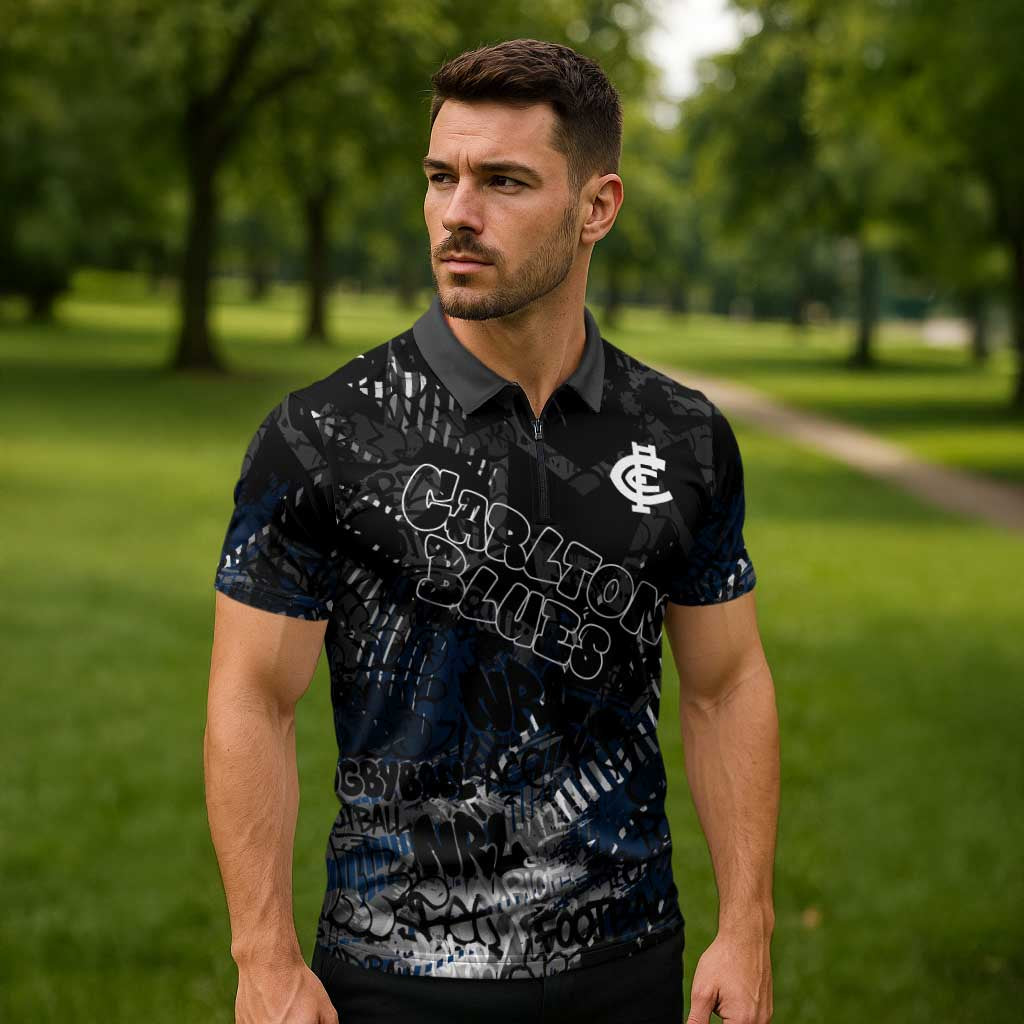 Carlton Blues Zipper Polo Shirt Urban Graffiti Street Art - Bold Abstract Spray Paint