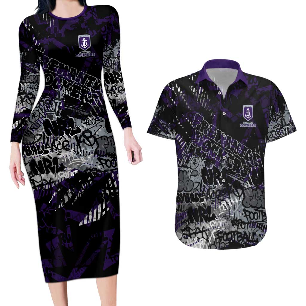 Fremantle Dockers Couples Matching Long Sleeve Bodycon Dress and Hawaiian Shirt Urban Graffiti Street Art - Bold Abstract Spray Paint