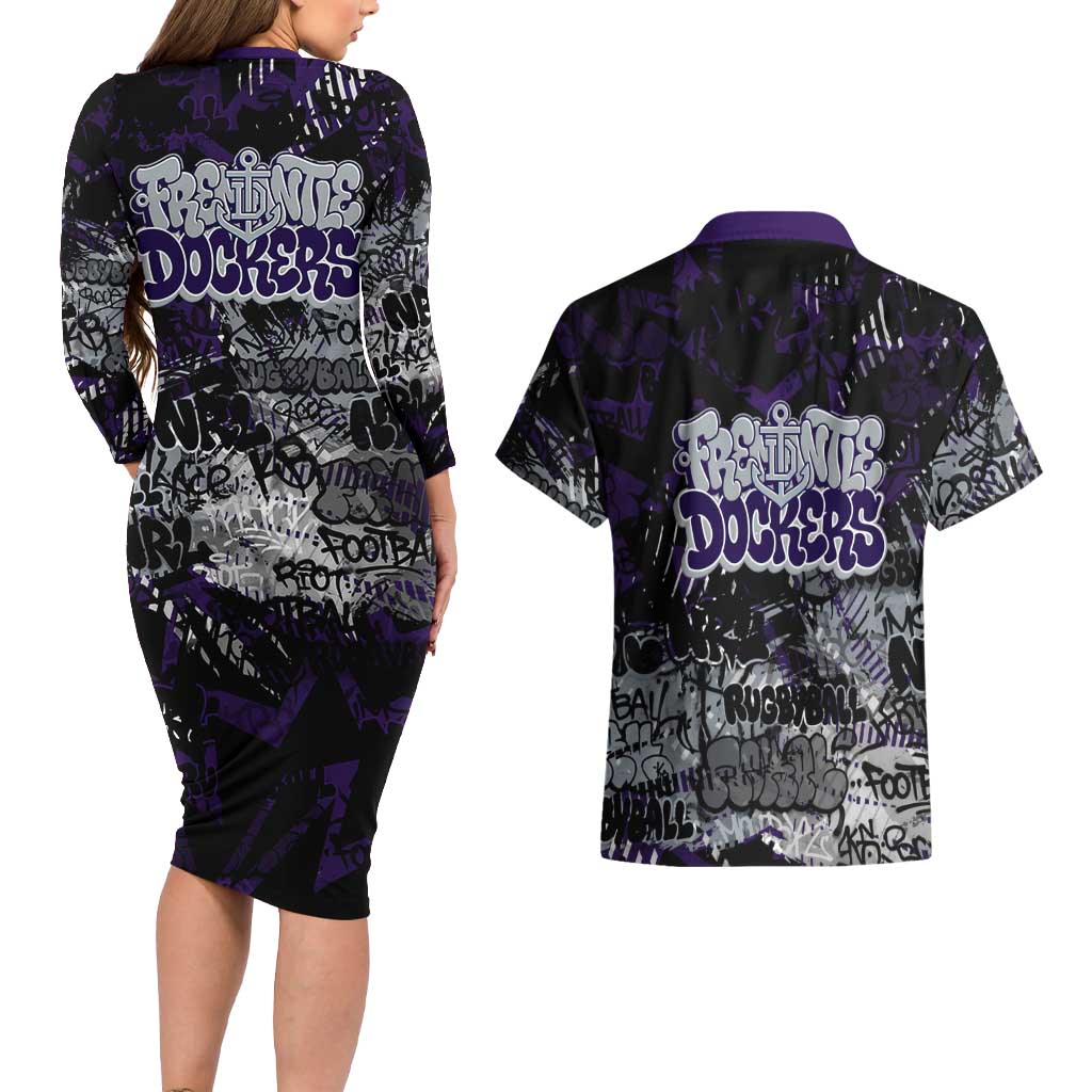 Fremantle Dockers Couples Matching Long Sleeve Bodycon Dress and Hawaiian Shirt Urban Graffiti Street Art - Bold Abstract Spray Paint
