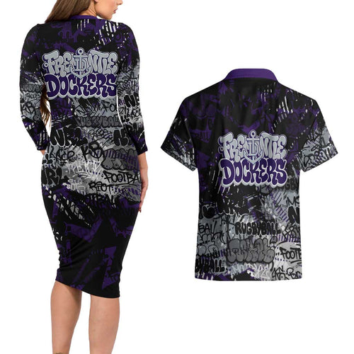 Fremantle Dockers Couples Matching Long Sleeve Bodycon Dress and Hawaiian Shirt Urban Graffiti Street Art - Bold Abstract Spray Paint