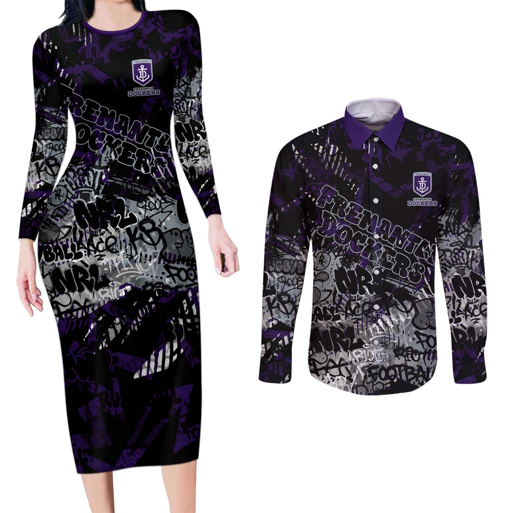 Fremantle Dockers Couples Matching Long Sleeve Bodycon Dress and Long Sleeve Button Shirt Urban Graffiti Street Art - Bold Abstract Spray Paint