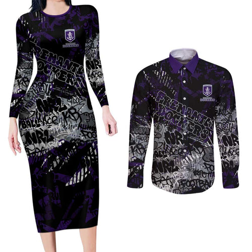 Fremantle Dockers Couples Matching Long Sleeve Bodycon Dress and Long Sleeve Button Shirt Urban Graffiti Street Art - Bold Abstract Spray Paint
