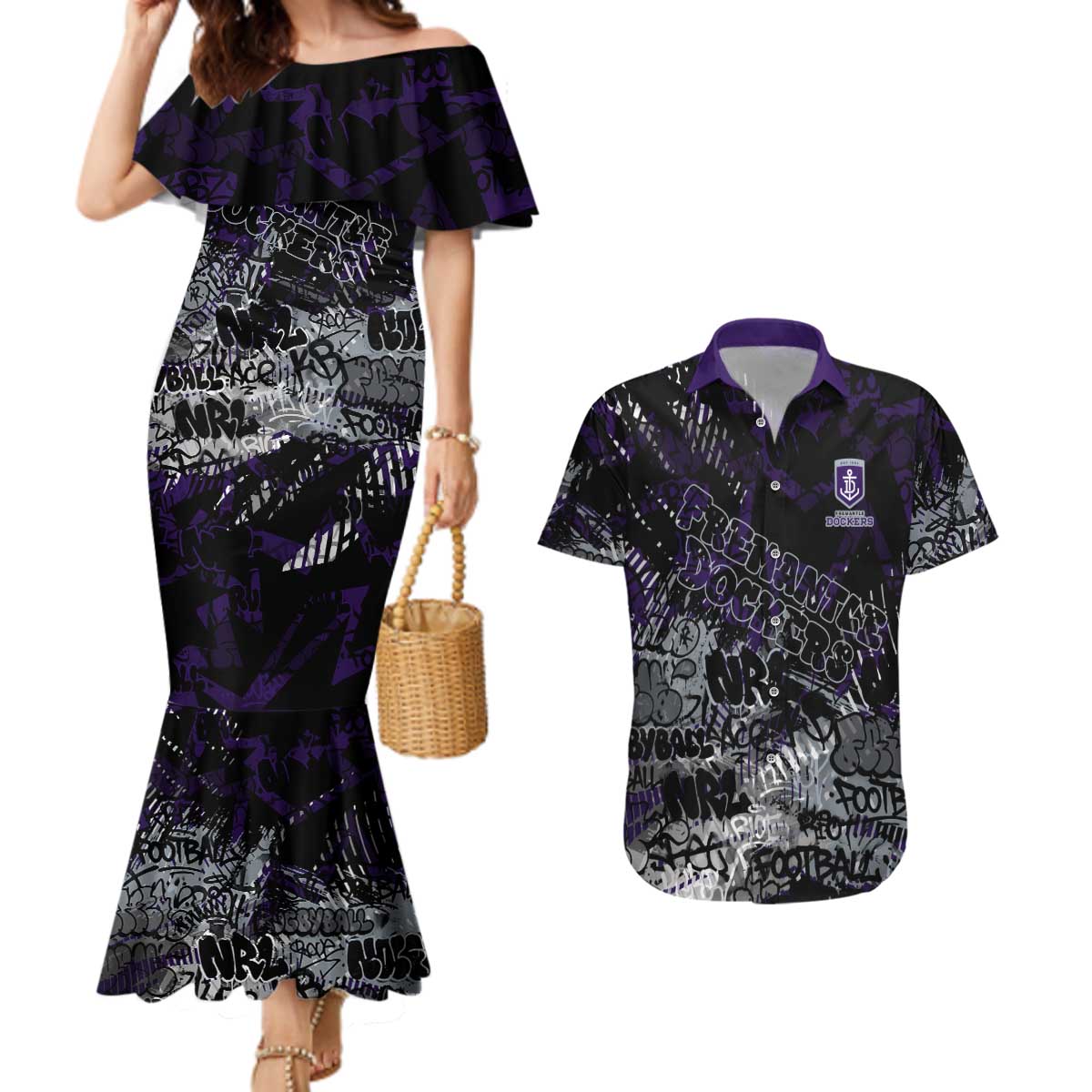 Fremantle Dockers Couples Matching Mermaid Dress and Hawaiian Shirt Urban Graffiti Street Art - Bold Abstract Spray Paint