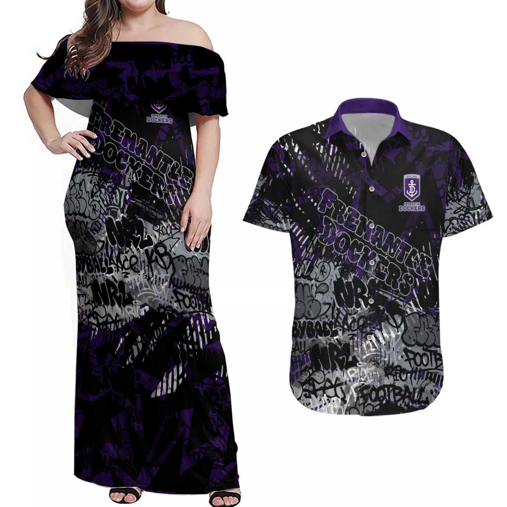 Fremantle Dockers Couples Matching Off Shoulder Maxi Dress and Hawaiian Shirt Urban Graffiti Street Art - Bold Abstract Spray Paint