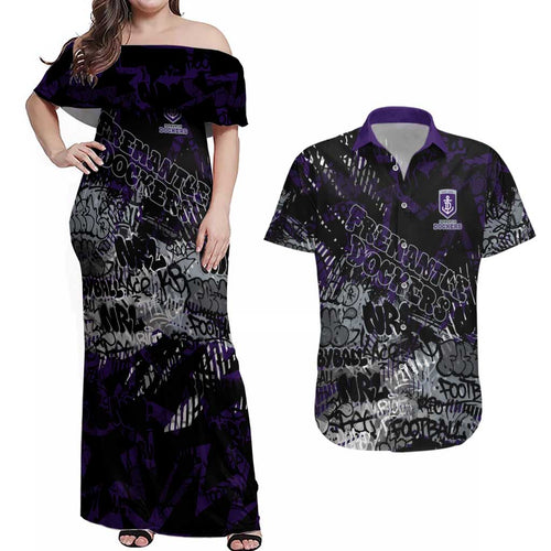 Fremantle Dockers Couples Matching Off Shoulder Maxi Dress and Hawaiian Shirt Urban Graffiti Street Art - Bold Abstract Spray Paint