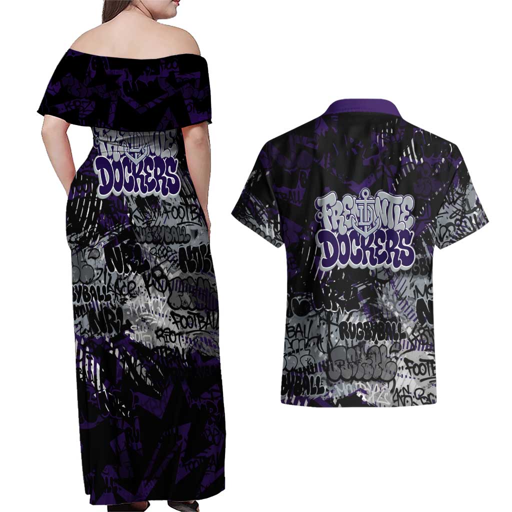 Fremantle Dockers Couples Matching Off Shoulder Maxi Dress and Hawaiian Shirt Urban Graffiti Street Art - Bold Abstract Spray Paint