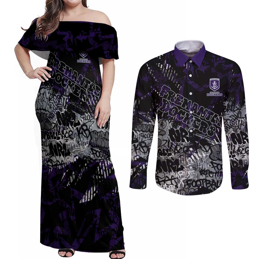 Fremantle Dockers Couples Matching Off Shoulder Maxi Dress and Long Sleeve Button Shirt Urban Graffiti Street Art - Bold Abstract Spray Paint