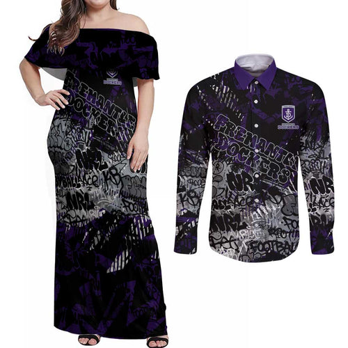 Fremantle Dockers Couples Matching Off Shoulder Maxi Dress and Long Sleeve Button Shirt Urban Graffiti Street Art - Bold Abstract Spray Paint
