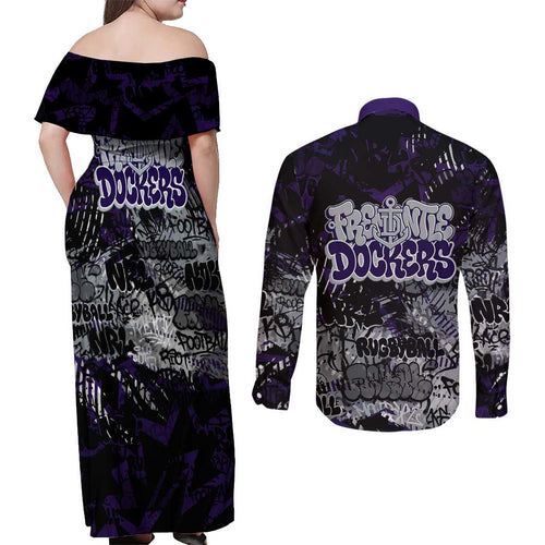 Fremantle Dockers Couples Matching Off Shoulder Maxi Dress and Long Sleeve Button Shirt Urban Graffiti Street Art - Bold Abstract Spray Paint