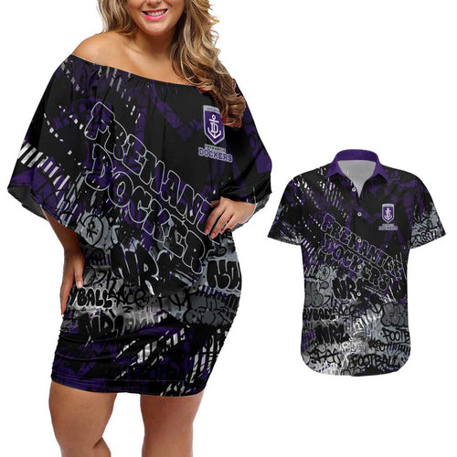 Fremantle Dockers Couples Matching Off Shoulder Short Dress and Hawaiian Shirt Urban Graffiti Street Art - Bold Abstract Spray Paint