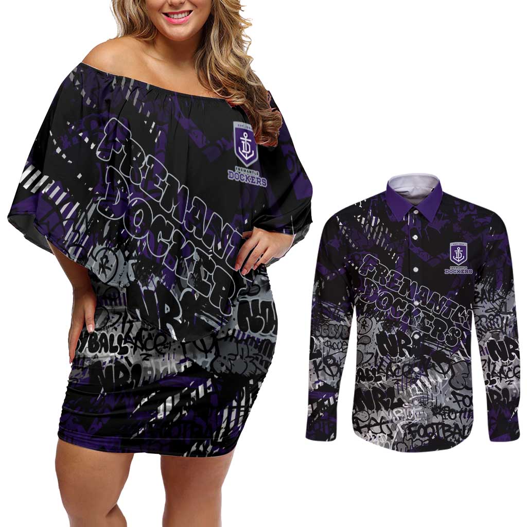 Fremantle Dockers Couples Matching Off Shoulder Short Dress and Long Sleeve Button Shirt Urban Graffiti Street Art - Bold Abstract Spray Paint