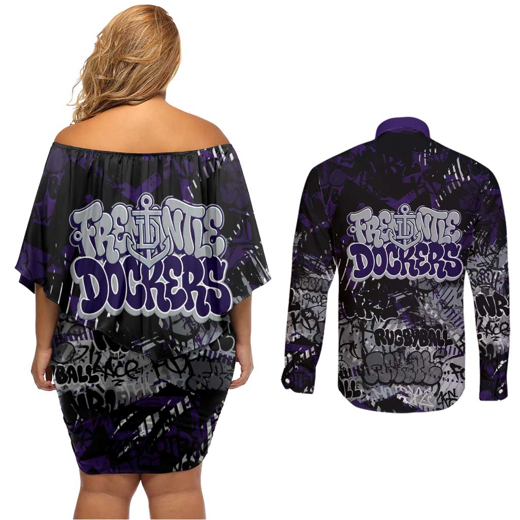 Fremantle Dockers Couples Matching Off Shoulder Short Dress and Long Sleeve Button Shirt Urban Graffiti Street Art - Bold Abstract Spray Paint