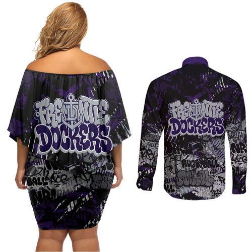 Fremantle Dockers Couples Matching Off Shoulder Short Dress and Long Sleeve Button Shirt Urban Graffiti Street Art - Bold Abstract Spray Paint