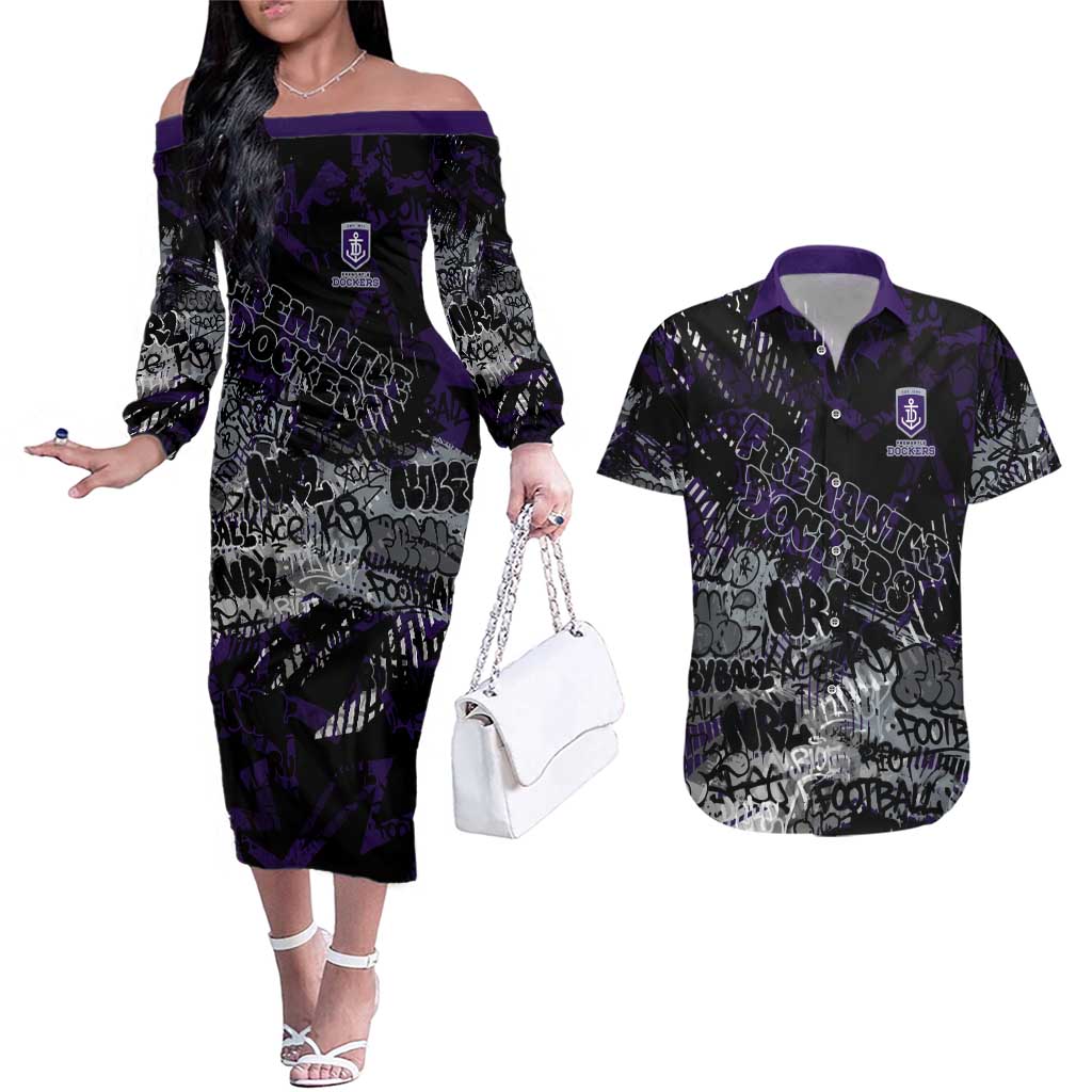 Fremantle Dockers Couples Matching Off The Shoulder Long Sleeve Dress and Hawaiian Shirt Urban Graffiti Street Art - Bold Abstract Spray Paint
