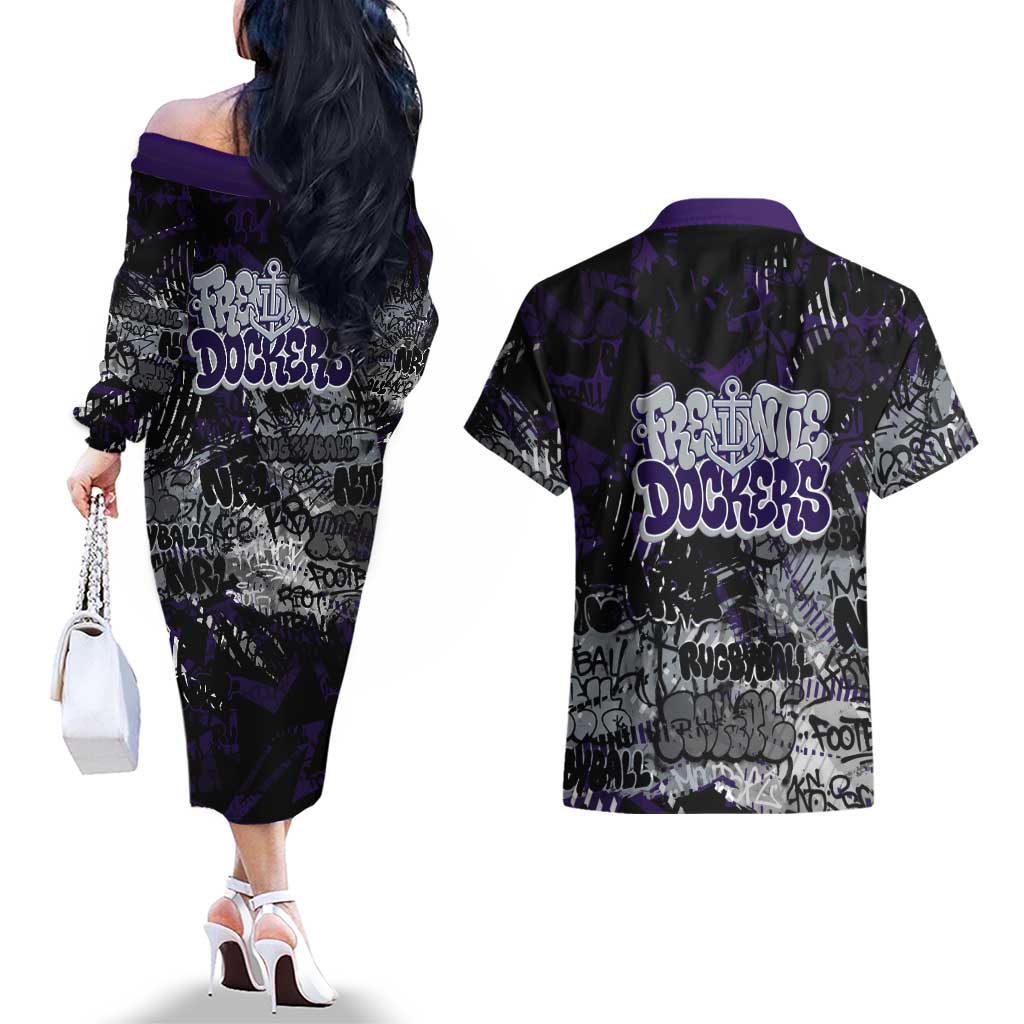 Fremantle Dockers Couples Matching Off The Shoulder Long Sleeve Dress and Hawaiian Shirt Urban Graffiti Street Art - Bold Abstract Spray Paint
