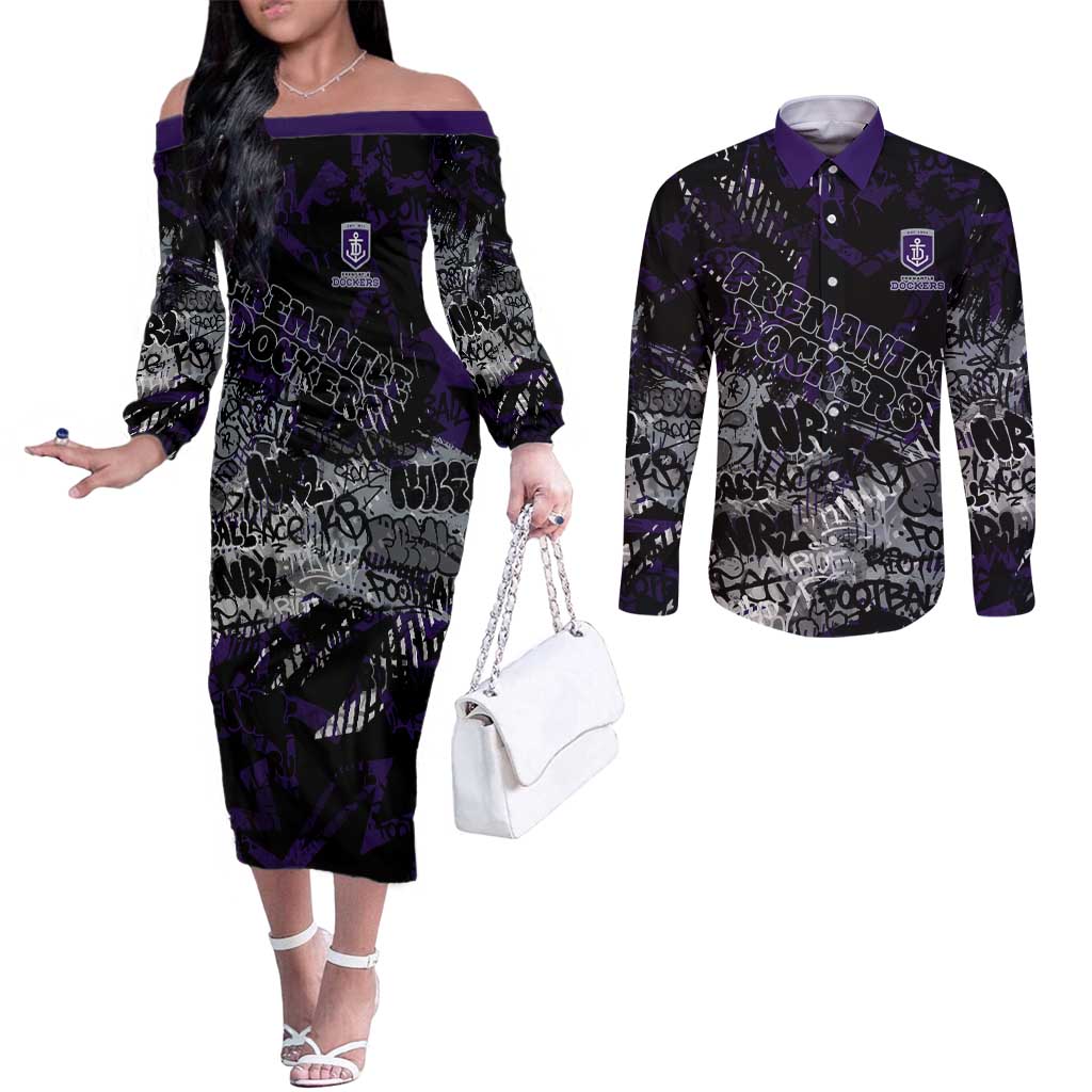 Fremantle Dockers Couples Matching Off The Shoulder Long Sleeve Dress and Long Sleeve Button Shirt Urban Graffiti Street Art - Bold Abstract Spray Paint
