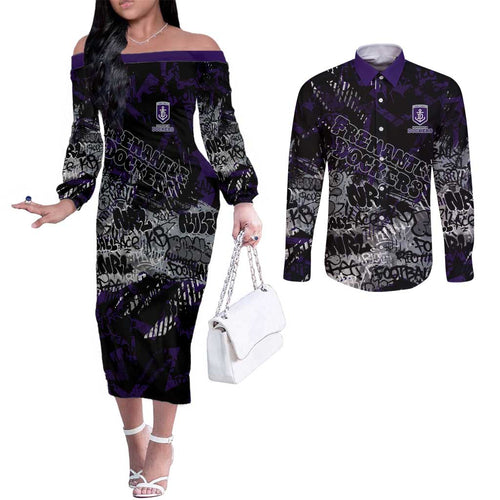 Fremantle Dockers Couples Matching Off The Shoulder Long Sleeve Dress and Long Sleeve Button Shirt Urban Graffiti Street Art - Bold Abstract Spray Paint