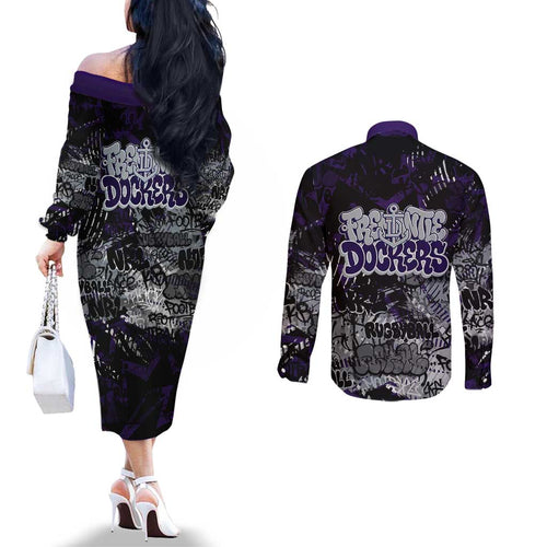 Fremantle Dockers Couples Matching Off The Shoulder Long Sleeve Dress and Long Sleeve Button Shirt Urban Graffiti Street Art - Bold Abstract Spray Paint