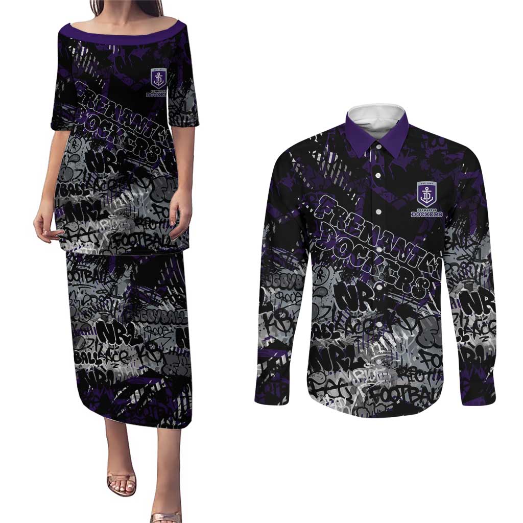 Fremantle Dockers Couples Matching Puletasi and Long Sleeve Button Shirt Urban Graffiti Street Art - Bold Abstract Spray Paint