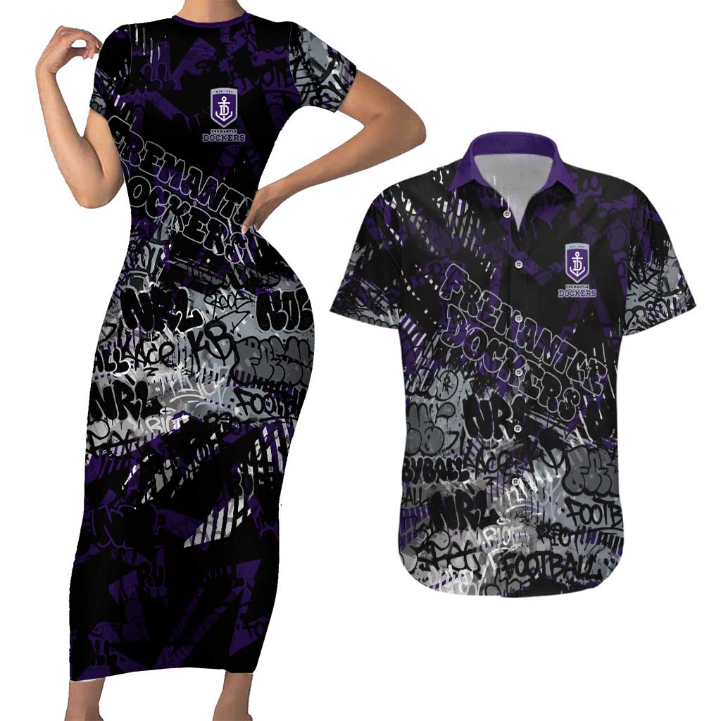 Fremantle Dockers Couples Matching Short Sleeve Bodycon Dress and Hawaiian Shirt Urban Graffiti Street Art - Bold Abstract Spray Paint