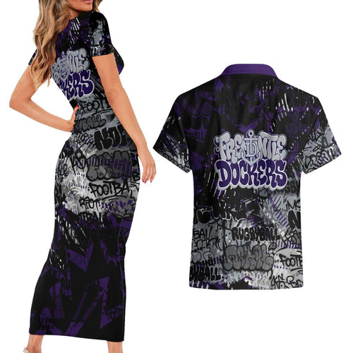 Fremantle Dockers Couples Matching Short Sleeve Bodycon Dress and Hawaiian Shirt Urban Graffiti Street Art - Bold Abstract Spray Paint