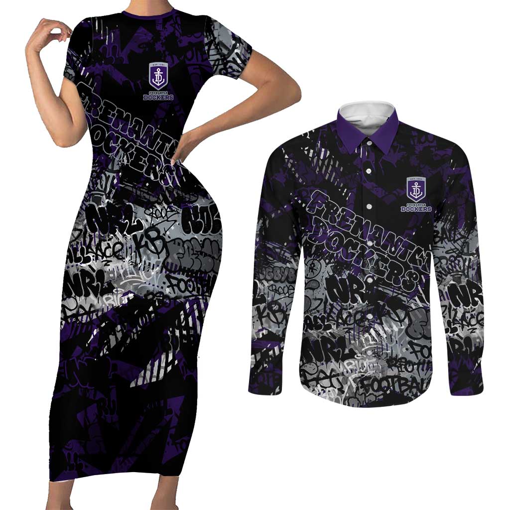 Fremantle Dockers Couples Matching Short Sleeve Bodycon Dress and Long Sleeve Button Shirt Urban Graffiti Street Art - Bold Abstract Spray Paint