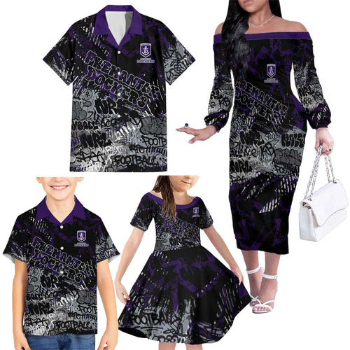 Fremantle Dockers Family Matching Off The Shoulder Long Sleeve Dress and Hawaiian Shirt Urban Graffiti Street Art - Bold Abstract Spray Paint