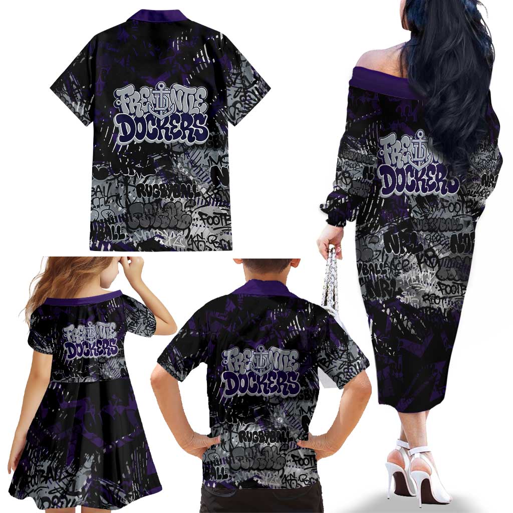 Fremantle Dockers Family Matching Off The Shoulder Long Sleeve Dress and Hawaiian Shirt Urban Graffiti Street Art - Bold Abstract Spray Paint