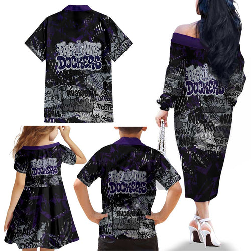Fremantle Dockers Family Matching Off The Shoulder Long Sleeve Dress and Hawaiian Shirt Urban Graffiti Street Art - Bold Abstract Spray Paint