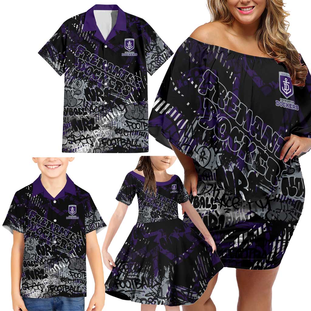 Fremantle Dockers Family Matching Off Shoulder Short Dress and Hawaiian Shirt Urban Graffiti Street Art - Bold Abstract Spray Paint