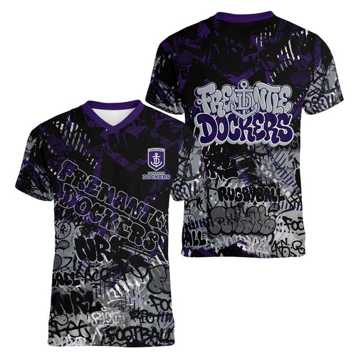 Fremantle Dockers Women V-Neck T-Shirt Urban Graffiti Street Art - Bold Abstract Spray Paint
