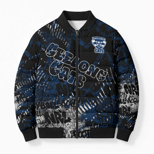 Geelong Cats Bomber Puffer Jacket Urban Graffiti Street Art - Bold Abstract Spray Paint