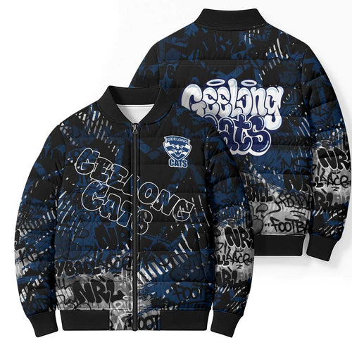 Geelong Cats Bomber Puffer Jacket Urban Graffiti Street Art - Bold Abstract Spray Paint