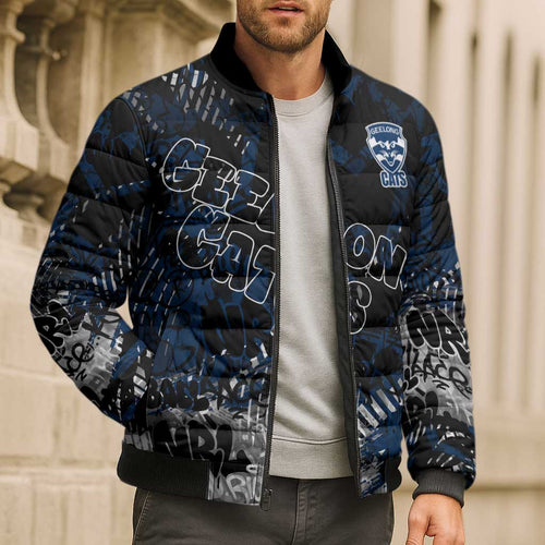 Geelong Cats Bomber Puffer Jacket Urban Graffiti Street Art - Bold Abstract Spray Paint