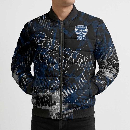 Geelong Cats Bomber Puffer Jacket Urban Graffiti Street Art - Bold Abstract Spray Paint