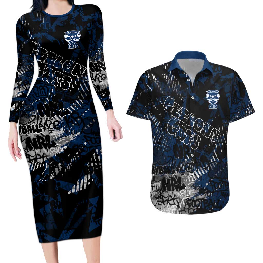 Geelong Cats Couples Matching Long Sleeve Bodycon Dress and Hawaiian Shirt Urban Graffiti Street Art - Bold Abstract Spray Paint