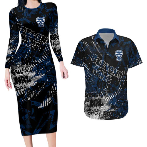 Geelong Cats Couples Matching Long Sleeve Bodycon Dress and Hawaiian Shirt Urban Graffiti Street Art - Bold Abstract Spray Paint