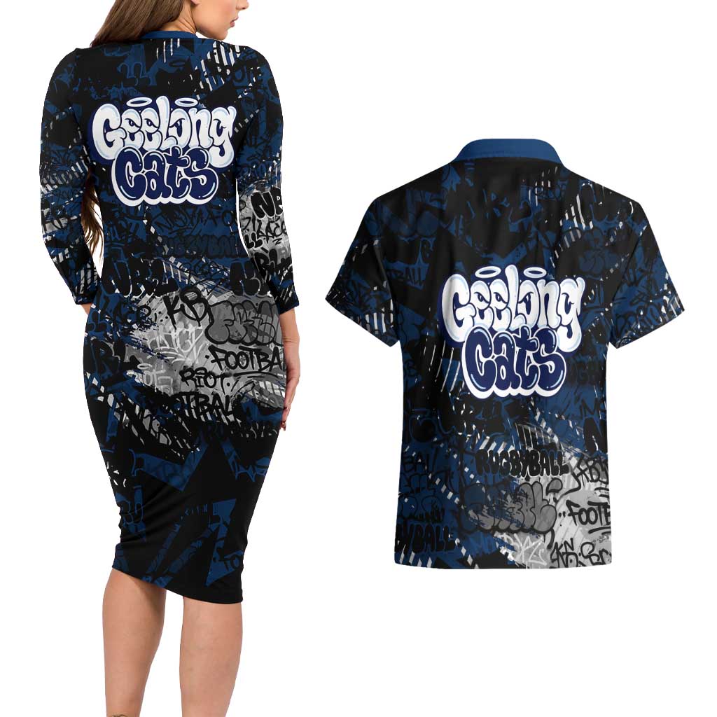 Geelong Cats Couples Matching Long Sleeve Bodycon Dress and Hawaiian Shirt Urban Graffiti Street Art - Bold Abstract Spray Paint