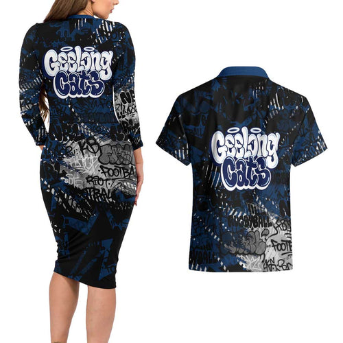 Geelong Cats Couples Matching Long Sleeve Bodycon Dress and Hawaiian Shirt Urban Graffiti Street Art - Bold Abstract Spray Paint