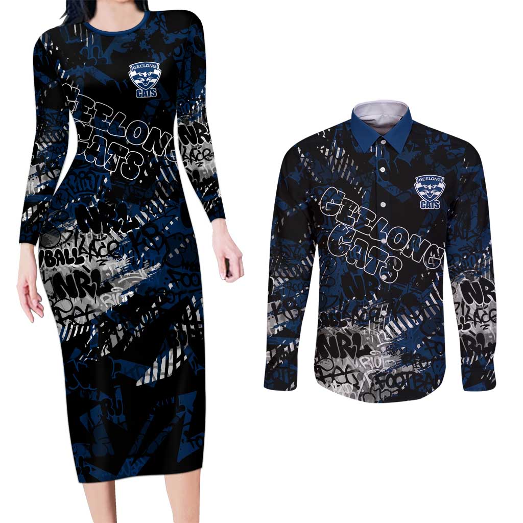 Geelong Cats Couples Matching Long Sleeve Bodycon Dress and Long Sleeve Button Shirt Urban Graffiti Street Art - Bold Abstract Spray Paint