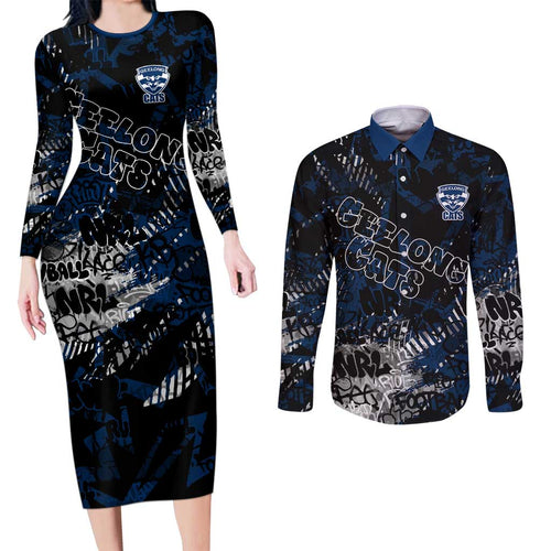 Geelong Cats Couples Matching Long Sleeve Bodycon Dress and Long Sleeve Button Shirt Urban Graffiti Street Art - Bold Abstract Spray Paint