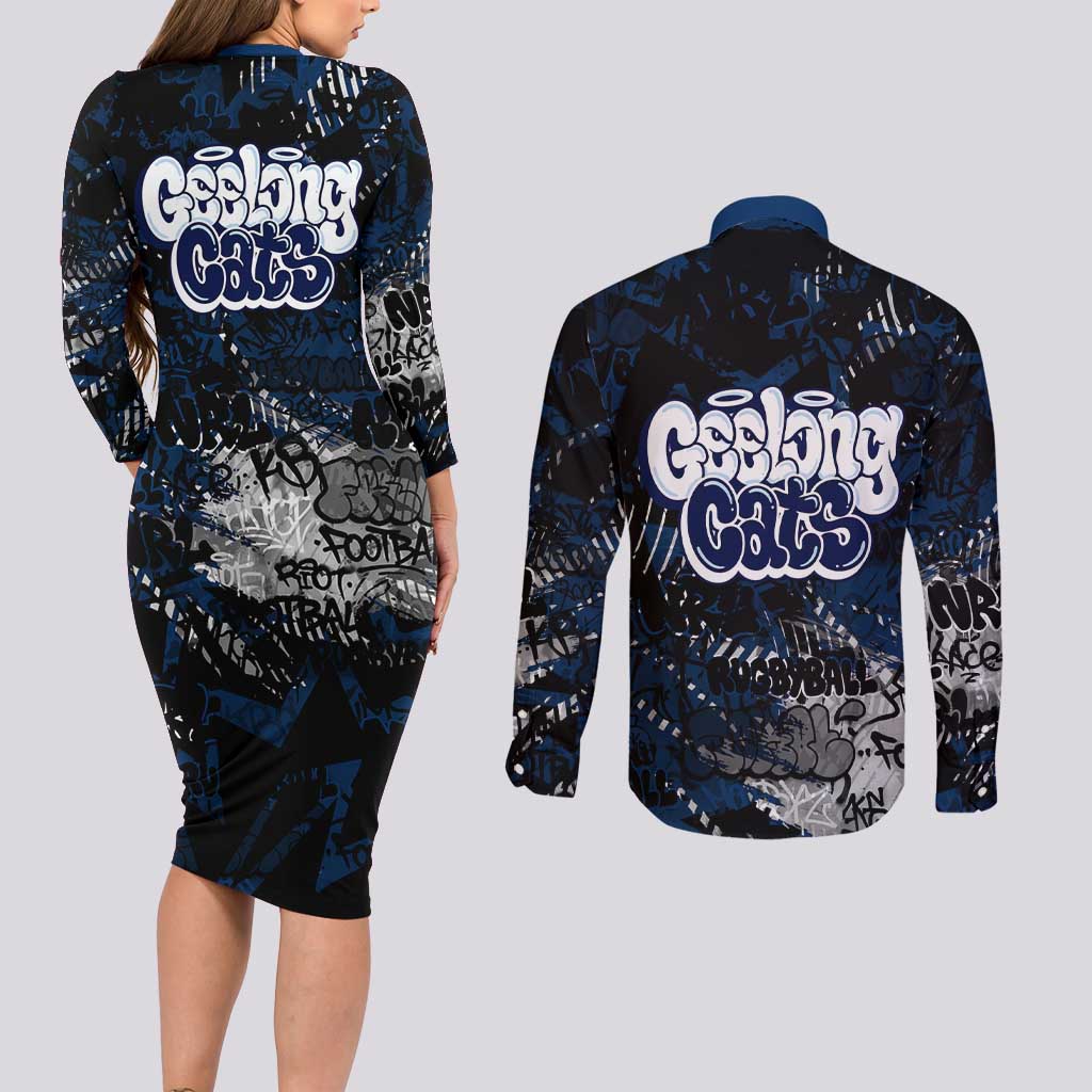 Geelong Cats Couples Matching Long Sleeve Bodycon Dress and Long Sleeve Button Shirt Urban Graffiti Street Art - Bold Abstract Spray Paint