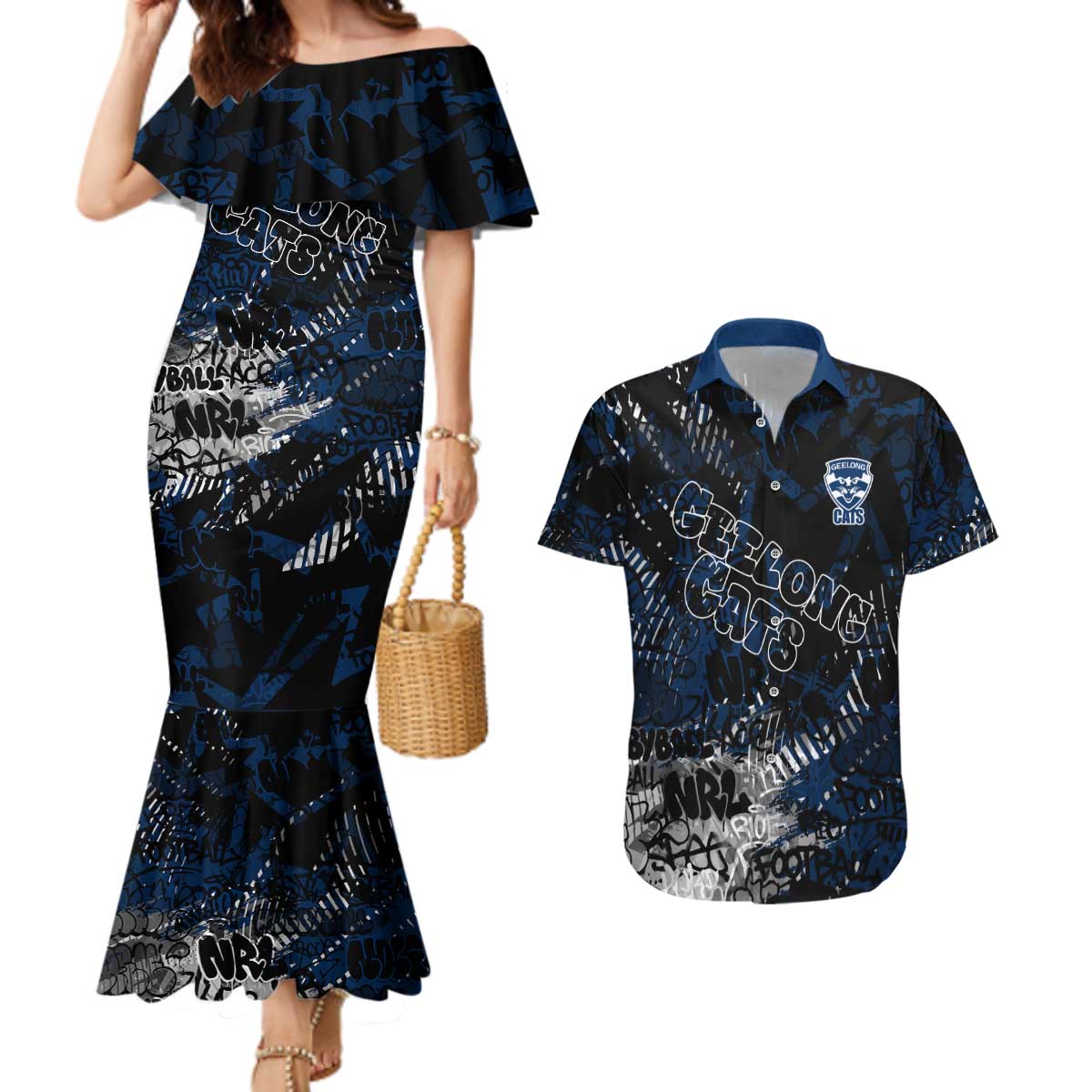 Geelong Cats Couples Matching Mermaid Dress and Hawaiian Shirt Urban Graffiti Street Art - Bold Abstract Spray Paint