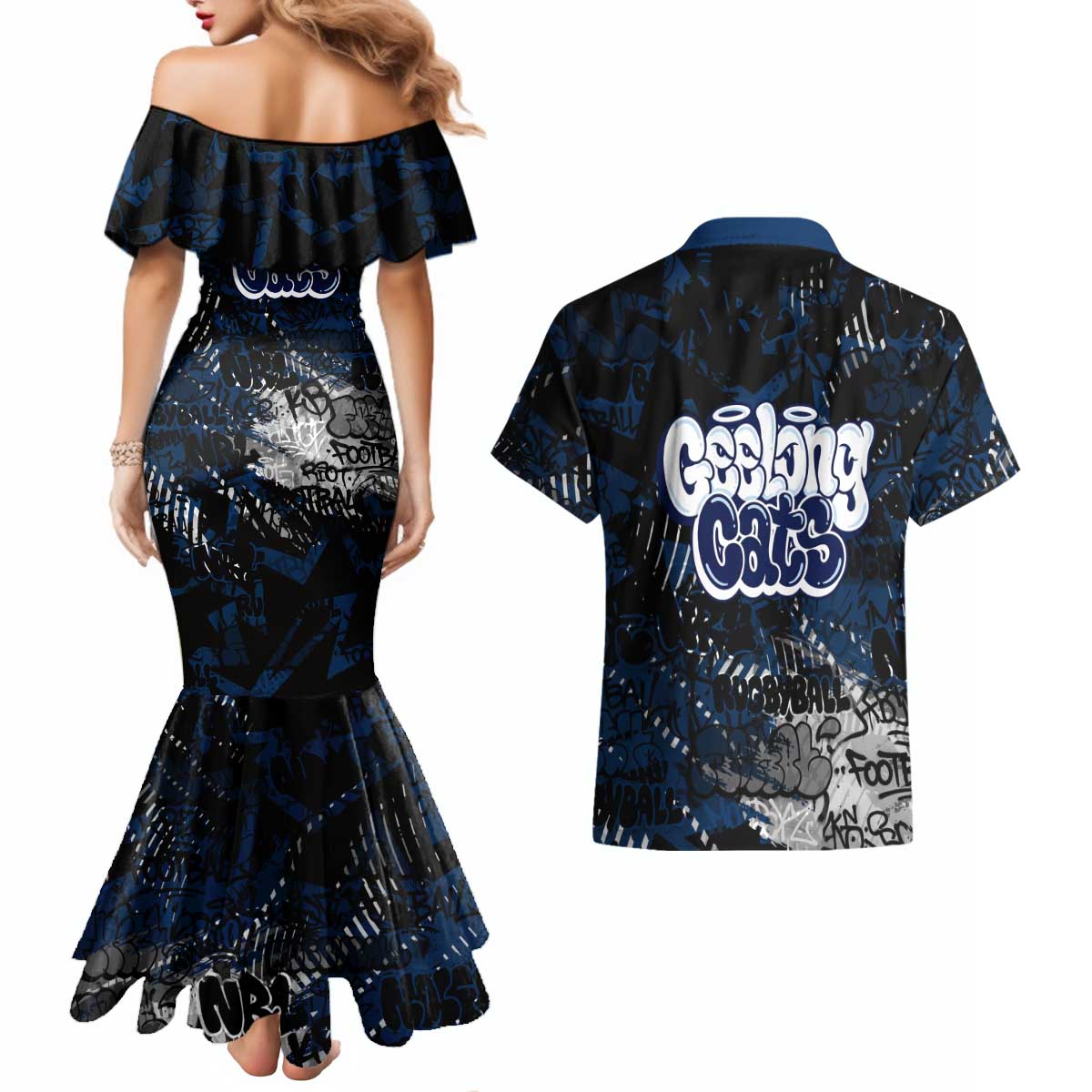 Geelong Cats Couples Matching Mermaid Dress and Hawaiian Shirt Urban Graffiti Street Art - Bold Abstract Spray Paint