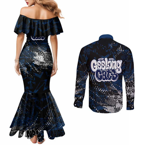 Geelong Cats Couples Matching Mermaid Dress and Long Sleeve Button Shirt Urban Graffiti Street Art - Bold Abstract Spray Paint