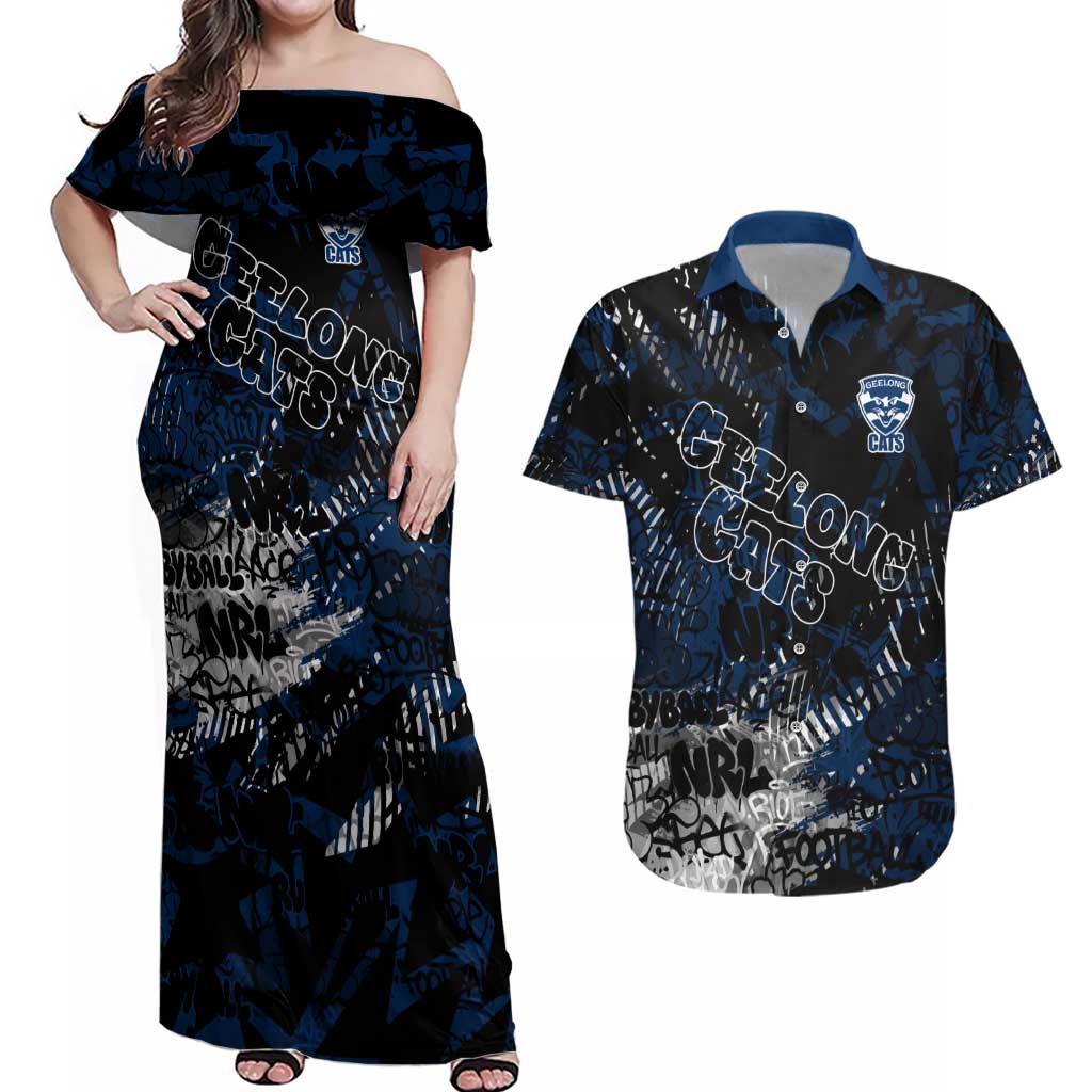 Geelong Cats Couples Matching Off Shoulder Maxi Dress and Hawaiian Shirt Urban Graffiti Street Art - Bold Abstract Spray Paint