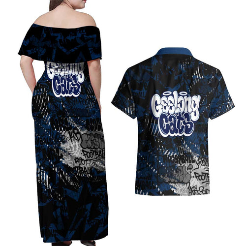 Geelong Cats Couples Matching Off Shoulder Maxi Dress and Hawaiian Shirt Urban Graffiti Street Art - Bold Abstract Spray Paint