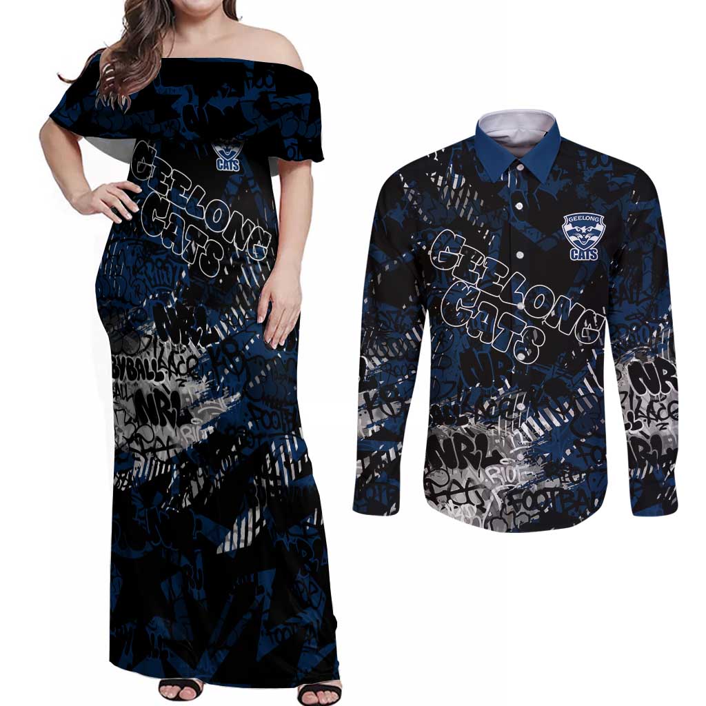 Geelong Cats Couples Matching Off Shoulder Maxi Dress and Long Sleeve Button Shirt Urban Graffiti Street Art - Bold Abstract Spray Paint