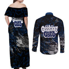 Geelong Cats Couples Matching Off Shoulder Maxi Dress and Long Sleeve Button Shirt Urban Graffiti Street Art - Bold Abstract Spray Paint