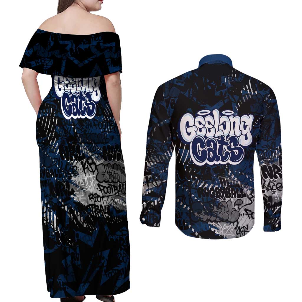 Geelong Cats Couples Matching Off Shoulder Maxi Dress and Long Sleeve Button Shirt Urban Graffiti Street Art - Bold Abstract Spray Paint